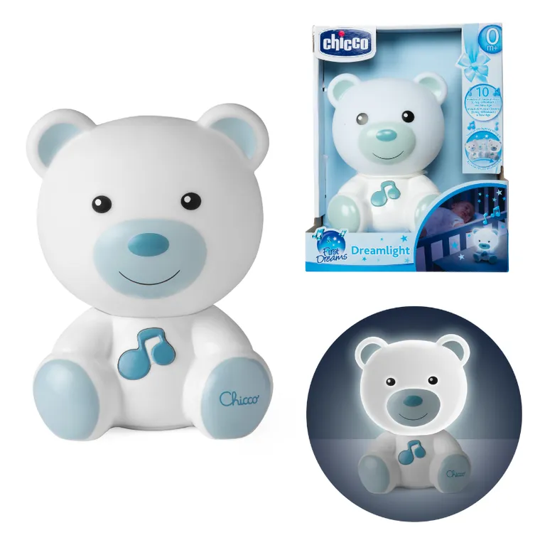 Chicco, First Dreams, lampka nocna Miś, niebieska, uspokajacz z dźwiękami