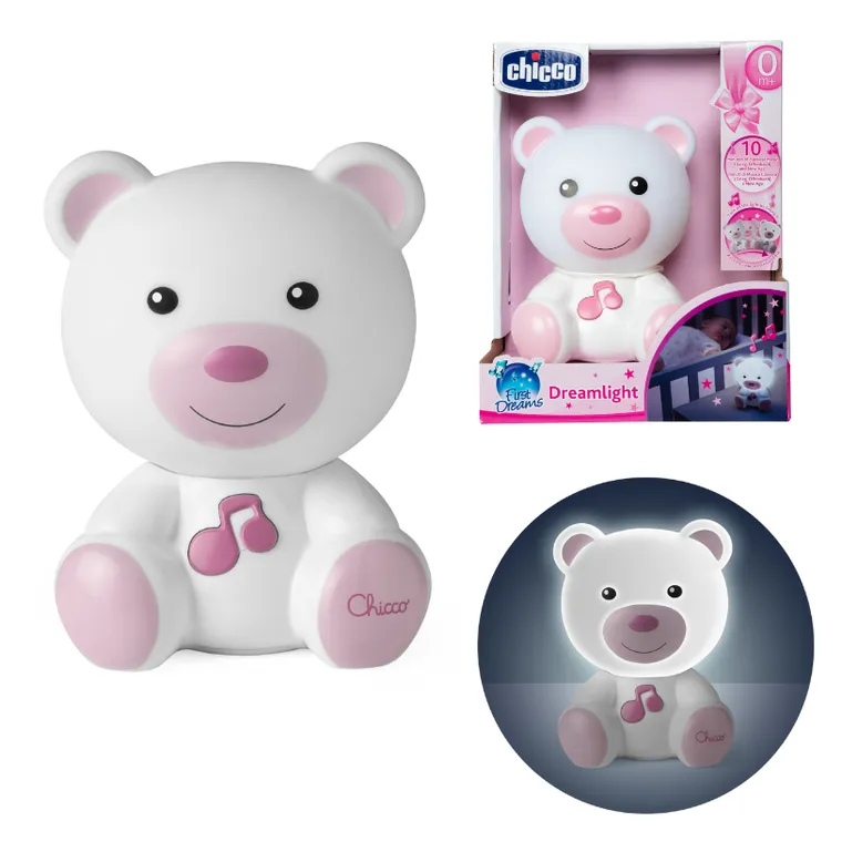 Chicco, First Dreams, lampka nocna Miś, różowa, uspokajacz z dźwiękami