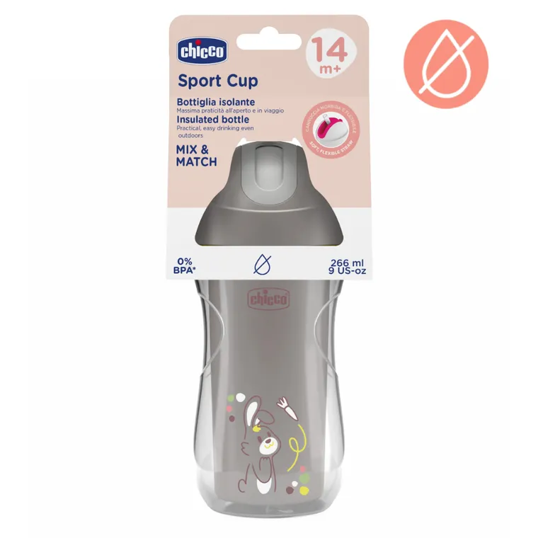 Chicco, kubek treningowy, niekapek, termiczny ze słomką, szary, 14m+, 266 ml