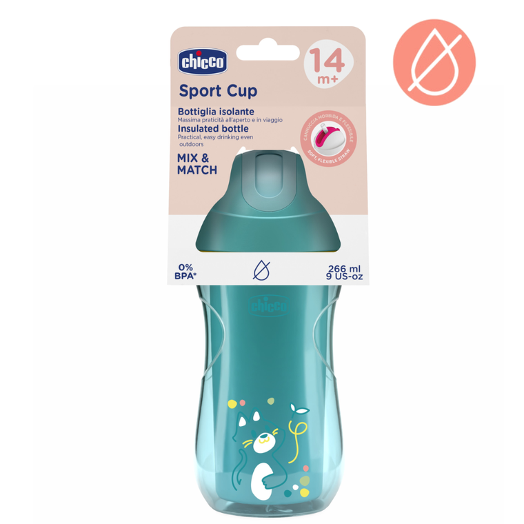 Chicco, kubek treningowy, niekapek, termiczny ze słomką, turkusowy, 14m+, 266 ml
