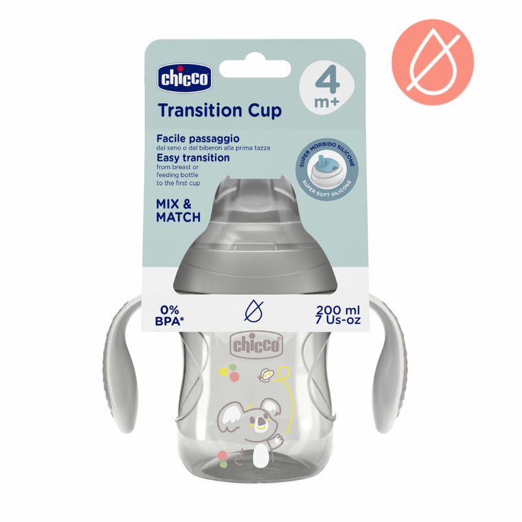 Chicco, kubek treningowy, niekapek z miękkim ustnikiem, szary, 4m+, 200 ml