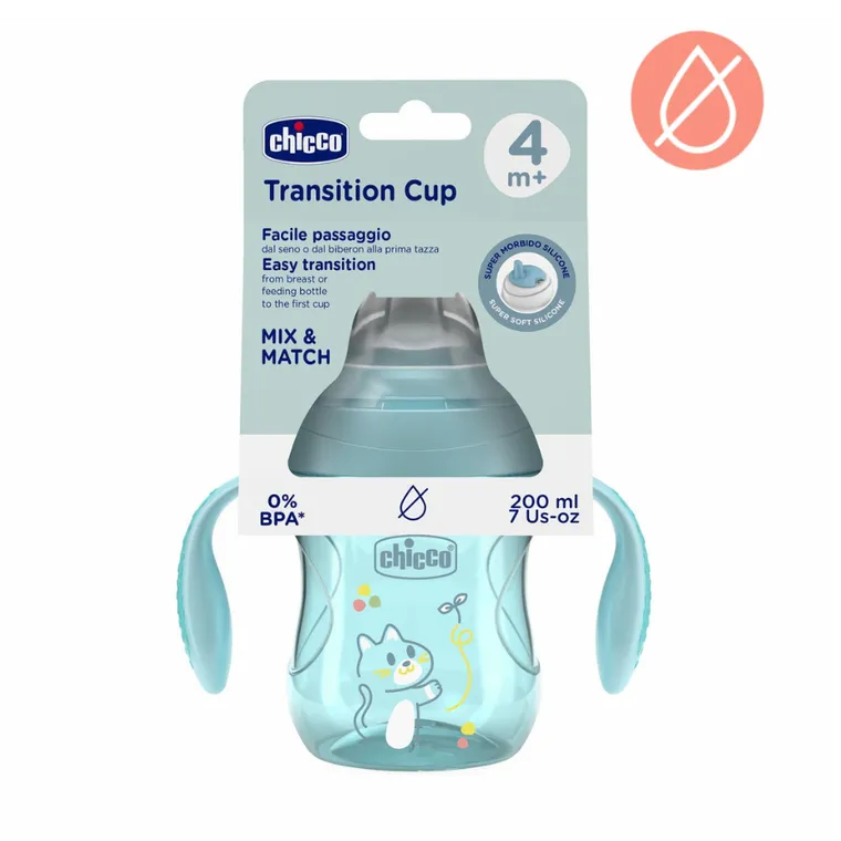 Chicco, kubek treningowy, niekapek z miękkim ustnikiem, turkusowy, 4m+, 200 ml