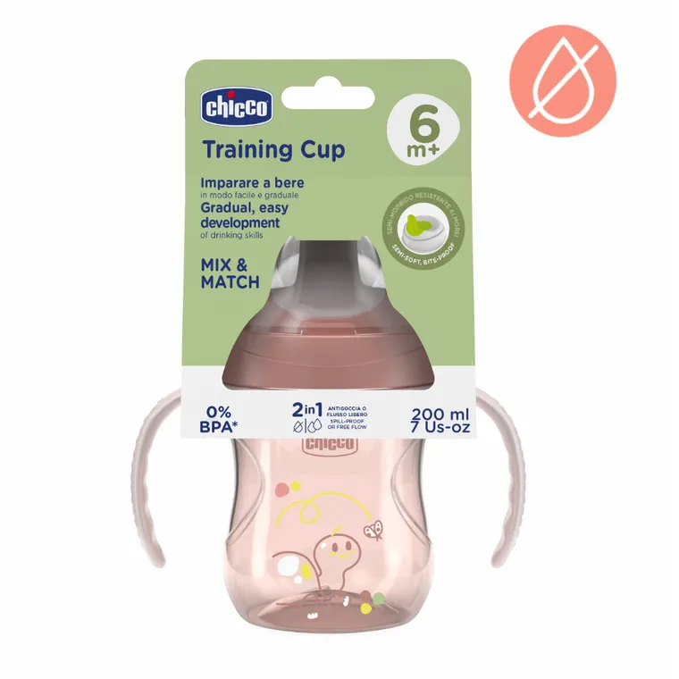 Chicco, kubek treningowy, niekapek z twardym ustnikiem, brzoskwiniowy, 6m+, 200 ml