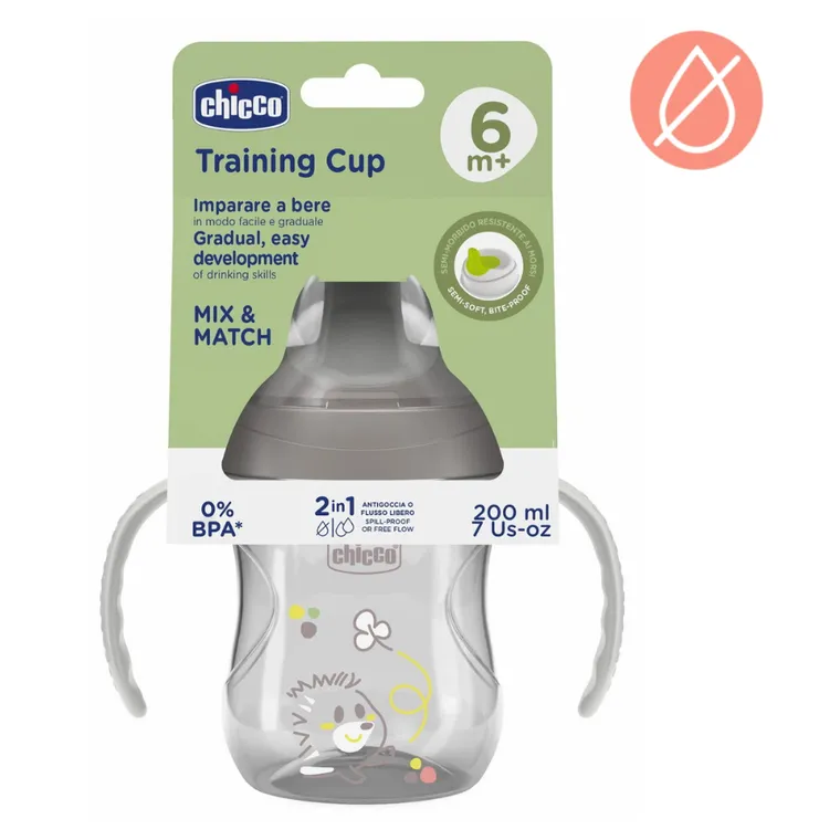Chicco, kubek treningowy, niekapek z twardym ustnikiem, szary, 6m+, 200 ml