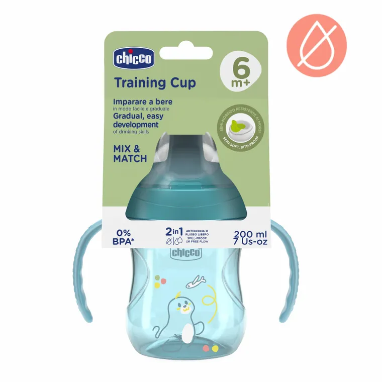 Chicco, kubek treningowy, niekapek z twardym ustnikiem, turkusowy, 6m+, 200 ml