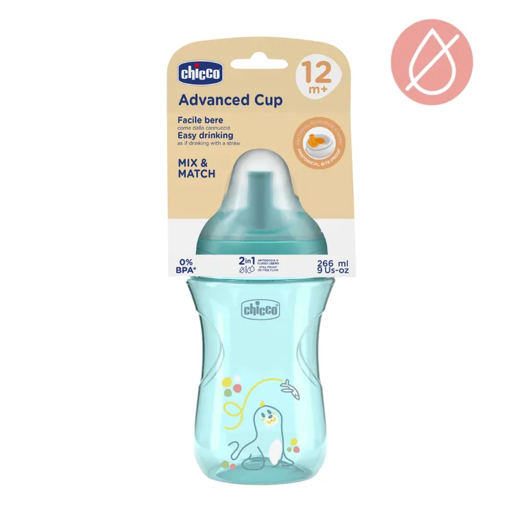 Chicco, kubek treningowy, niekapek z ustnikiem w kształcie słomki, turkusowy 12m+, 266 ml