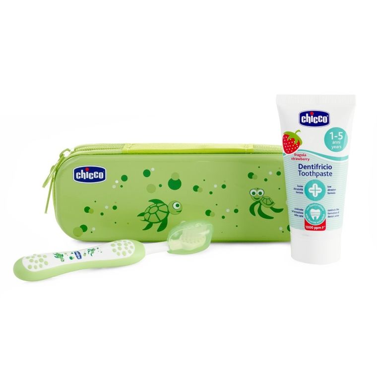 Chicco, pasta z fluorem i szczoteczka do zębów + etui, zielony, 12m+