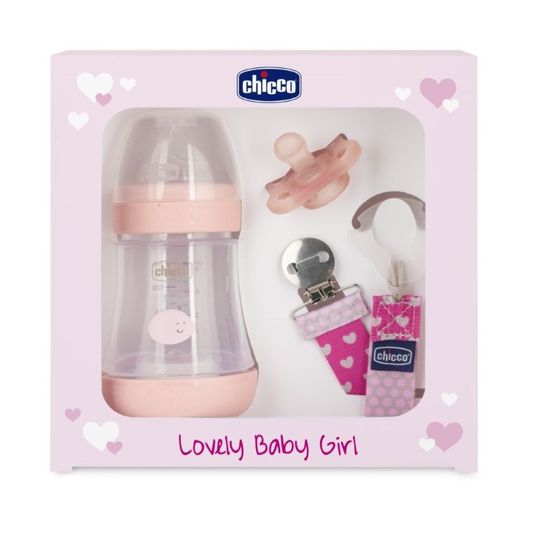 Chicco, Perfect5, Girl, zestaw dla noworodka: butelka Perfect5 + smoczek Mini Soft + tasiemka