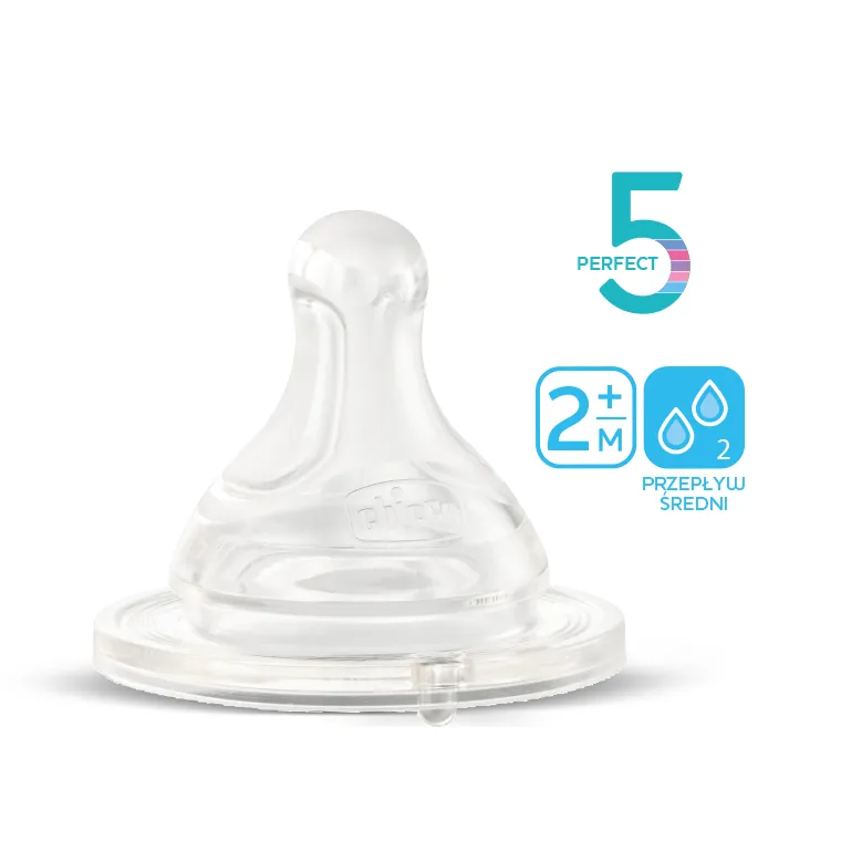 Chicco, Perfect5, smoczek silikonowy do butelki, przepływ średni, 2m+, 2 szt.