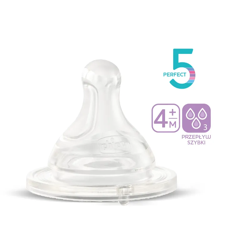 Chicco, Perfect5, smoczek silikonowy do butelki, przepływ szybki, 4m+, 2 szt.