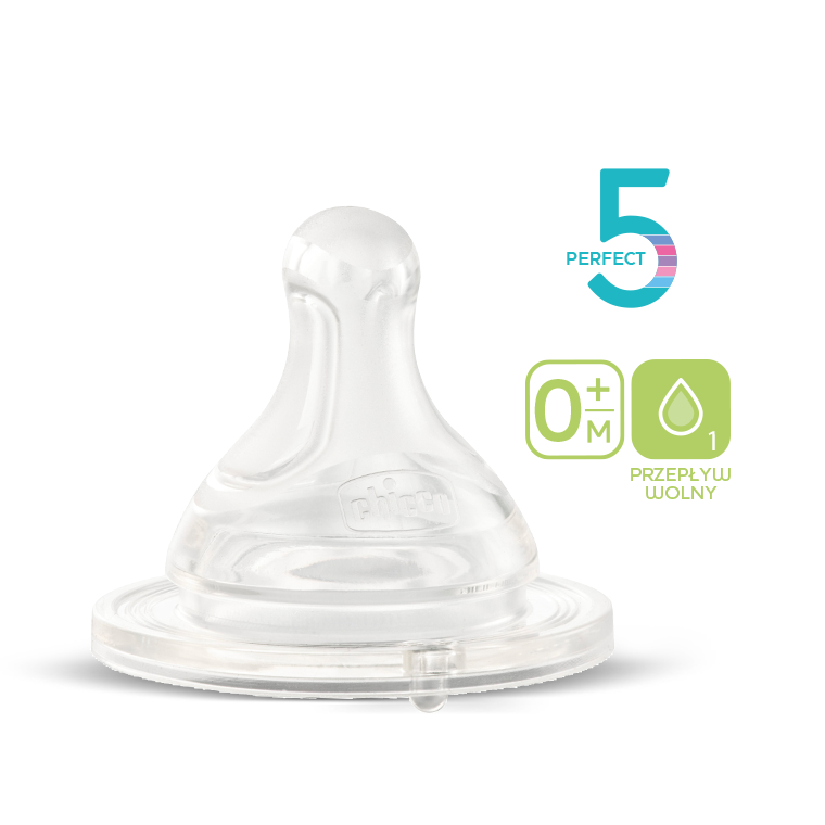 Chicco, Perfect5, smoczek silikonowy do butelki, przepływ wolny, 0m+, 2 szt.