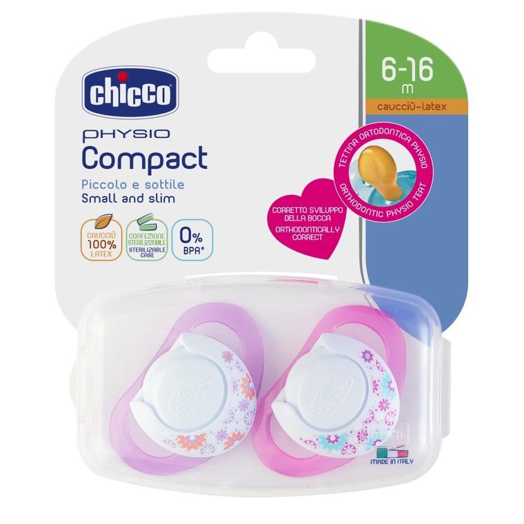 Chicco, Physio Compact, smoczek do uspokajania, kauczukowy, Kwiatki, 6-16m, 2 szt.