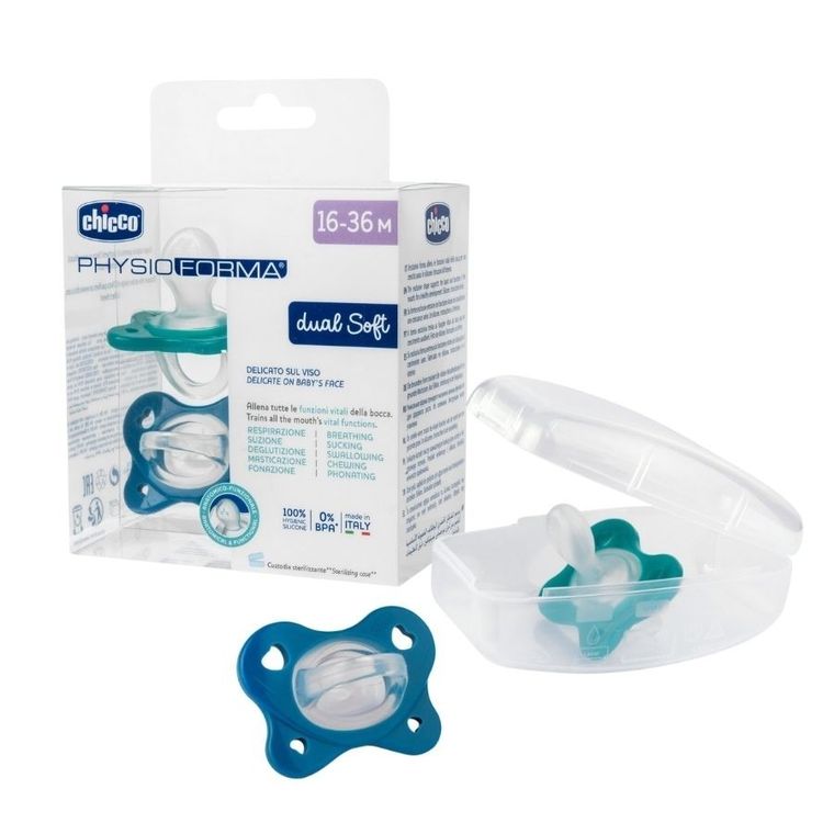 Chicco, PhysioForma Dual Soft, smoczek uspokajający, silikonowy, niebieski, 16-36m, 2 szt.