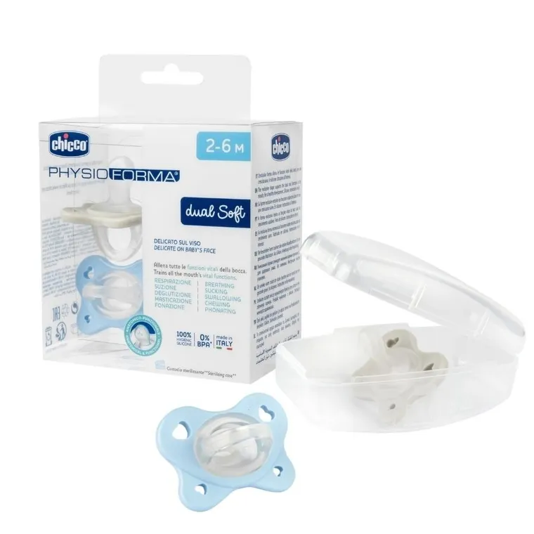 Chicco, PhysioForma Dual Soft, smoczek uspokajający, silikonowy, niebieski, 2-6m, 2 szt.