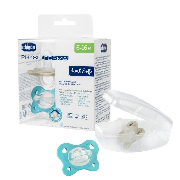 Chicco, PhysioForma Dual Soft, smoczek uspokajający, silikonowy, niebieski, 6-16m, 2 szt.