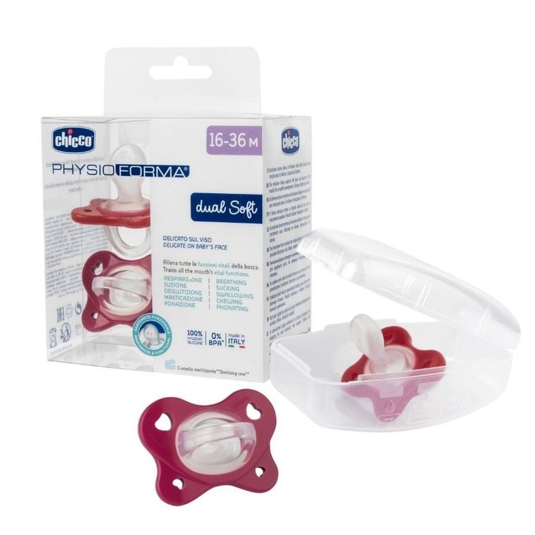 Chicco, PhysioForma Dual Soft, smoczek uspokajający, silikonowy, różowy, 16-36m, 2 szt.
