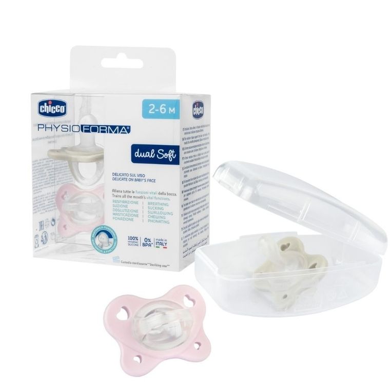 Chicco, PhysioForma Dual Soft, smoczek uspokajający, silikonowy, różowy, 2-6m, 2 szt.