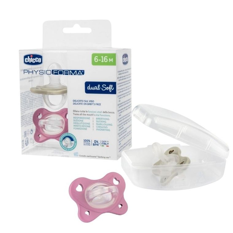 Chicco, PhysioForma Dual Soft, smoczek uspokajający, silikonowy, różowy, 6-16m, 2 szt.