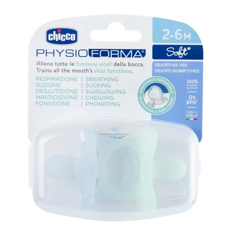 Chicco, PhysioForma Soft, smoczek uspokajający, silikonowy, niebieski, 2-6m, 2 szt.