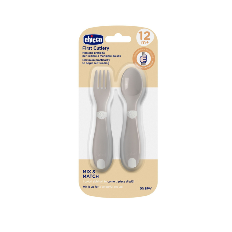 Chicco, pierwsze sztućce plastikowe, szare, 12m+