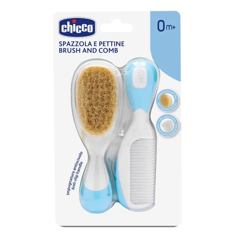 Chicco, szczotka z naturalnego włosia i grzebyk, niebieski, 0m+