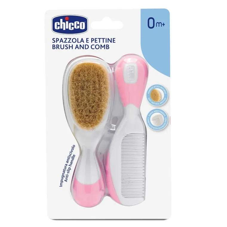 Chicco, szczotka z naturalnego włosia i grzebyk, różowy, 0m+