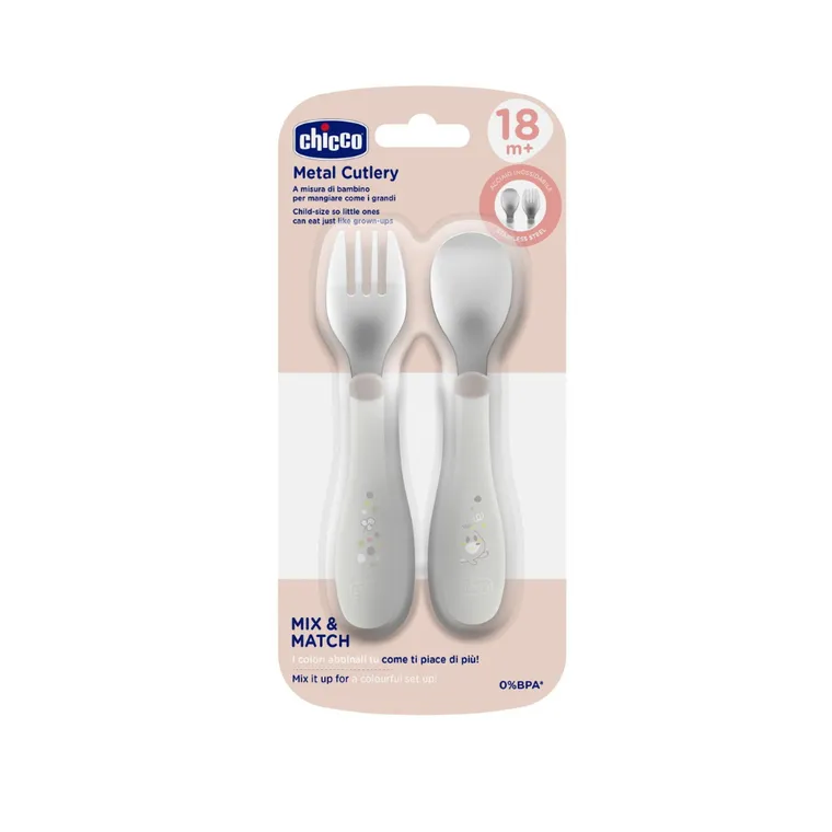 Chicco, sztućce metalowe, szare, 18m+