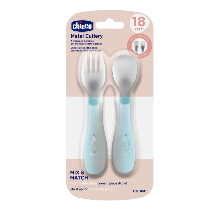 Chicco, sztućce metalowe, turkusowe, 18m+