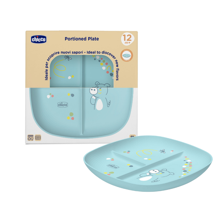 Chicco, talerz 3-dzielny, niebieski, 12m+