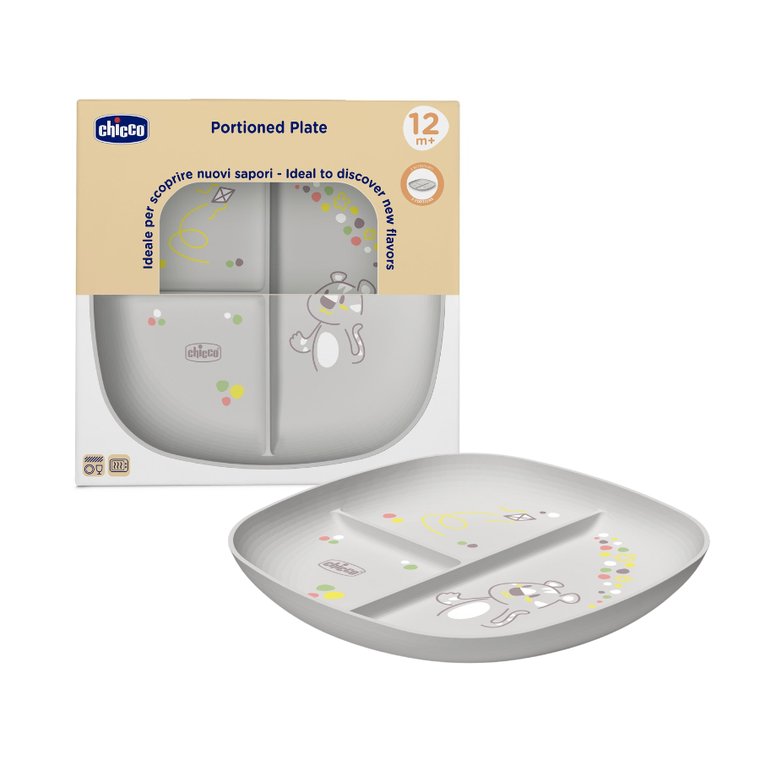 Chicco, talerz 3-dzielny, szary, 12m+