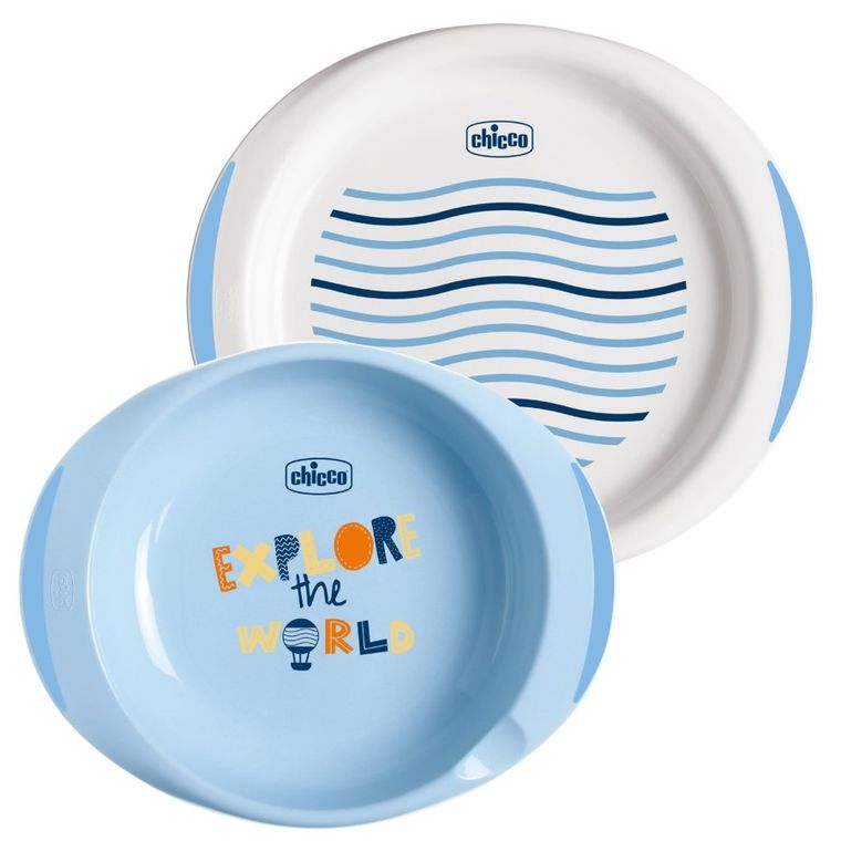 Chicco, zestaw 2 talerzy, niebieski, 12m+