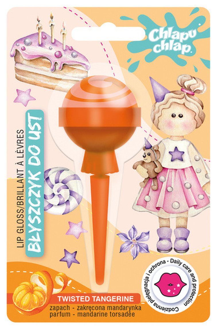 Chlapu Chlap, błyszczyk do ust, lizak, zakręcona mandarynka