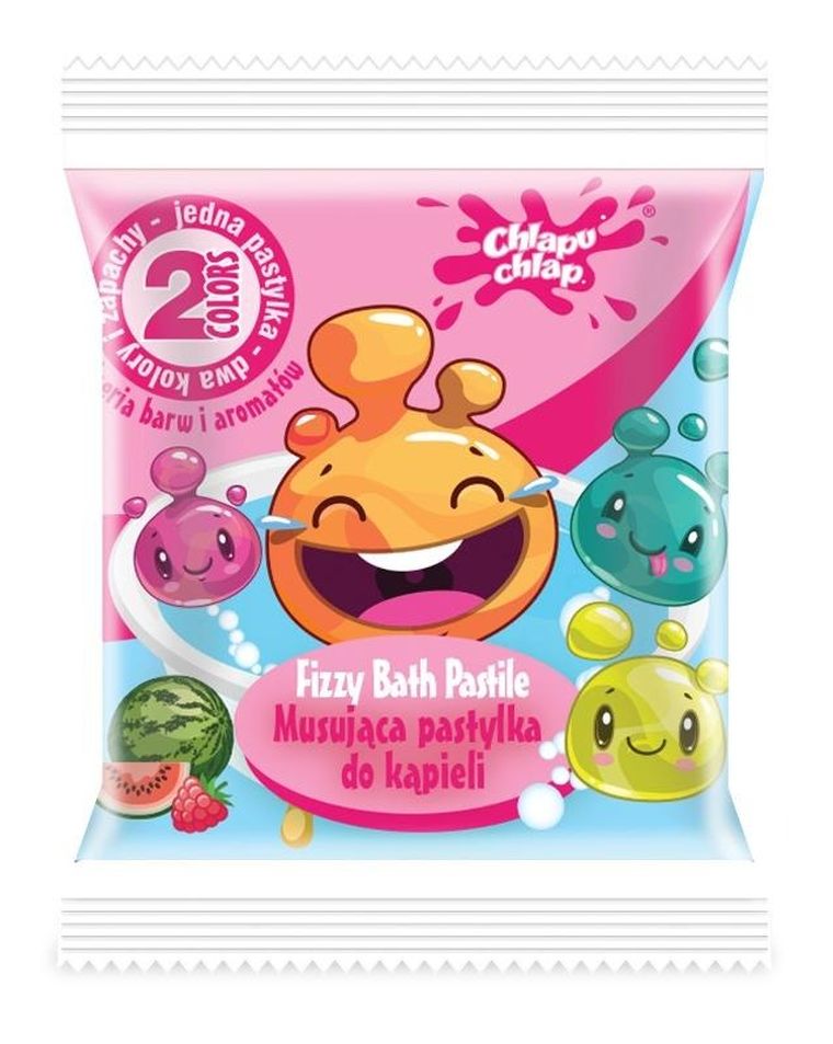Chlapu Chlap, dwukolorowa musująca pastylka do kąpieli, malina i arbuz, 1 szt.