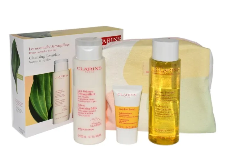 Clarins, zestaw, Velvet Cleansing, mleczko do ciała, 200 ml + tonik do ciała, 200 ml + peeling do twarzy, 15 ml + kosmetyczka
