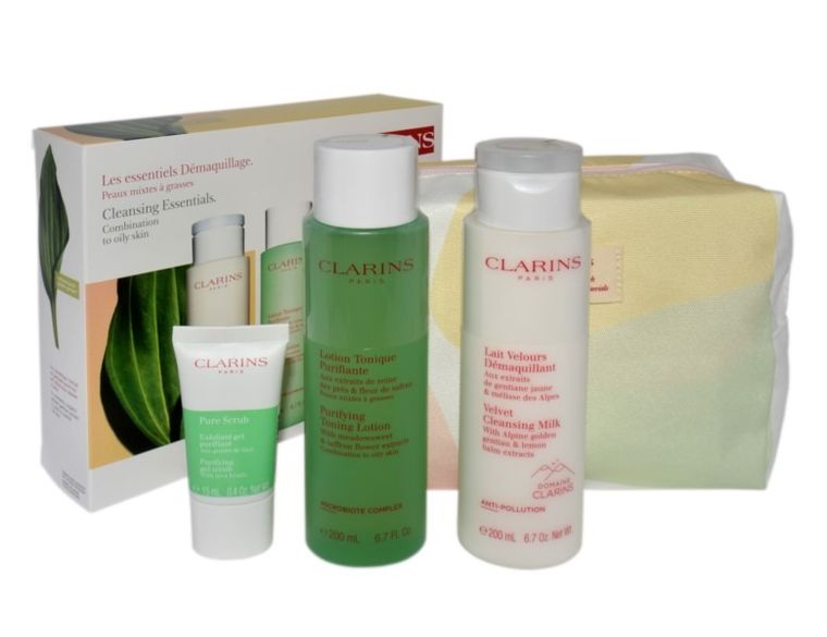 Clarins, zestaw, Velvet Cleansing, mleczko do ciała, 200 ml + tonik do ciała, 200 ml + peeling do twarzy, 15 ml + kosmetyczka