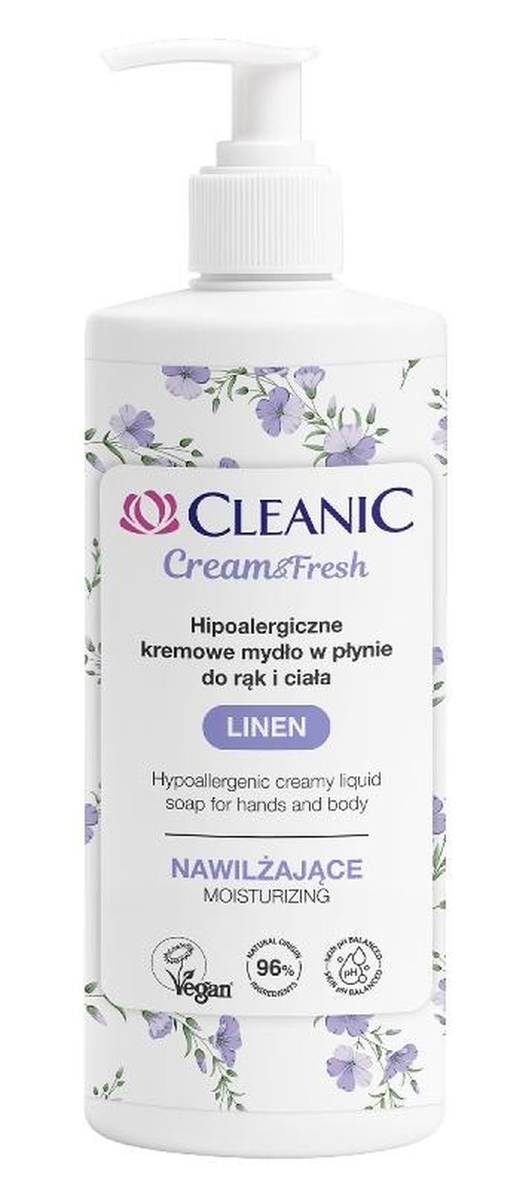 Cleanic, Cream & Fresh, hipoalergiczne mydło nawilżające w płynie do rąk i ciała, len, 500 ml