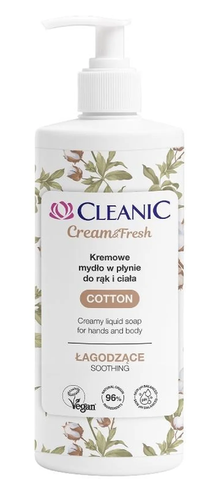 Cleanic, Cream & Fresh, łagodzące mydło kremowe w płynie do rąk i ciała, bawełna, 500 ml