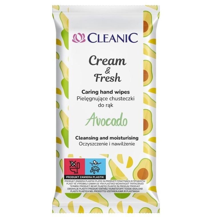 Cleanic, Cream & fresh, pielęgnujące chusteczki do rąk, avocado, 15 szt.