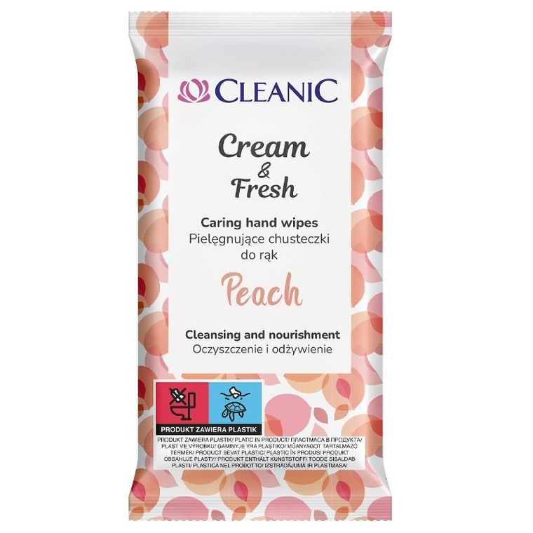 Cleanic, Cream & fresh, pielęgnujące chusteczki do rąk, peach, 15 szt.
