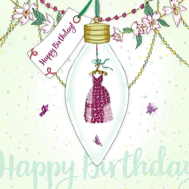 Clear Creations, Swarovski, karnet, kwadrat, Urodziny, sukienka Żarówka