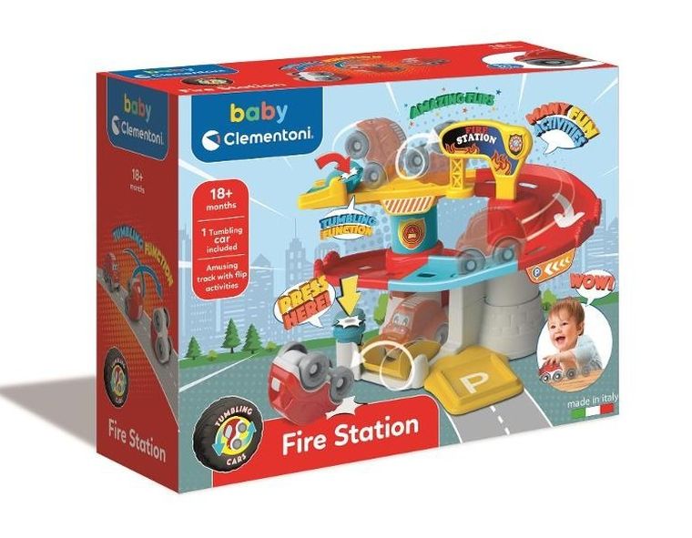 Clementoni, Baby, Stacja Straży Pożarnej, zestaw z przewrotnymi samochodzikami