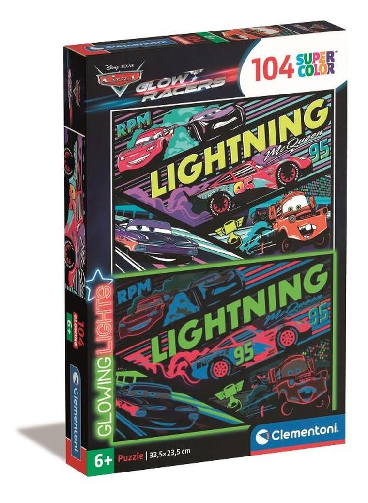 Clementoni, Glowing, Auta, Glow Racers, puzzle, 104 elementy