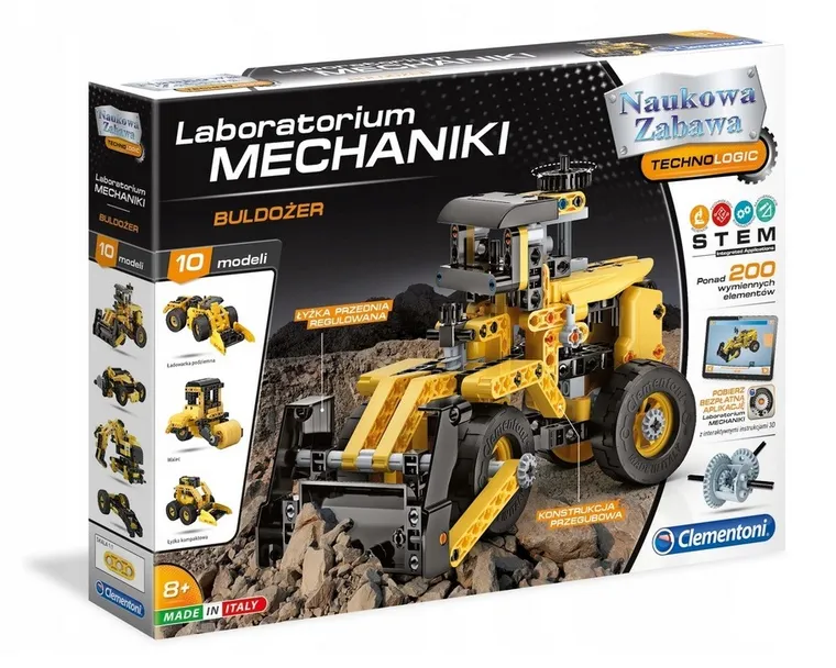 Clementoni, Naukowa Zabawa, Laboratorium mechaniki, Buldożer, 10 modeli, zestaw konstrukcyjny, 200 elementów