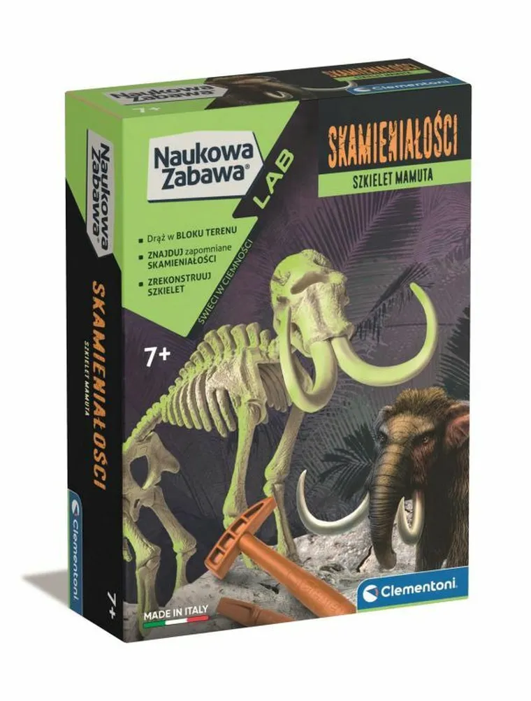 Clementoni, Naukowa Zabawa, skamieniałości, mamut fluorescencyjny, zestaw naukowy