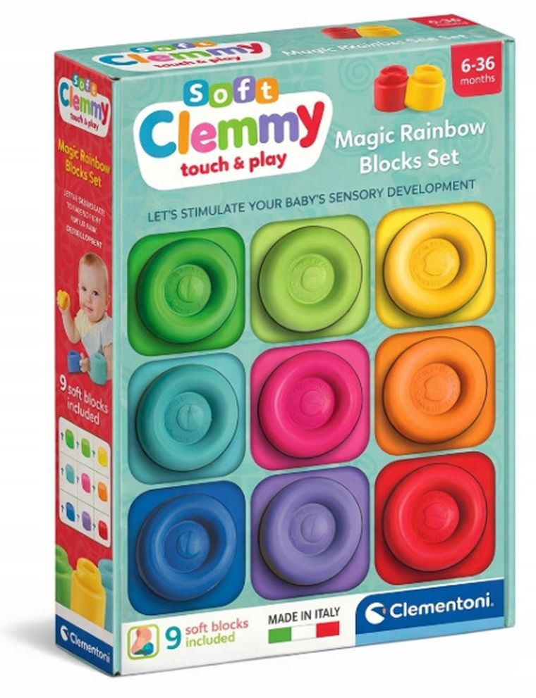 Clementoni, Soft Clemmy, Magiczna Tęcza, miękkie klocki, 9 elementów