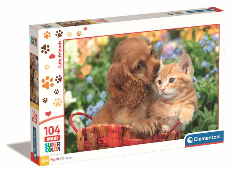 Clementoni, Super Color, Cute Friends, Piesek i kotek, puzzle maxi, 104 elementy