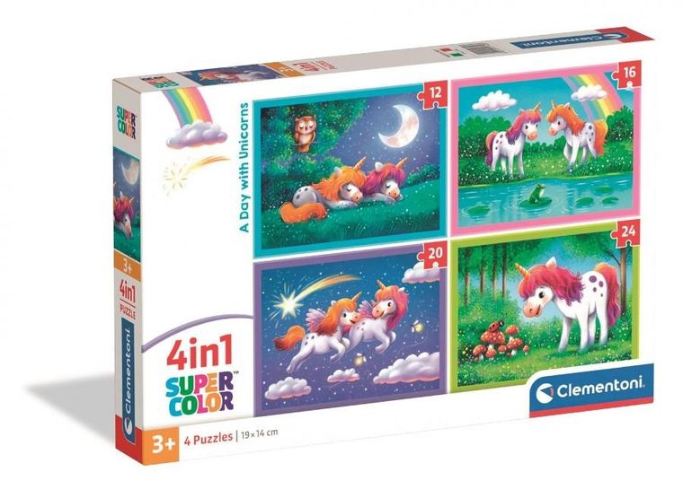 Clementoni, Super Color, Dzień z jednorożcami, puzzle 4w1