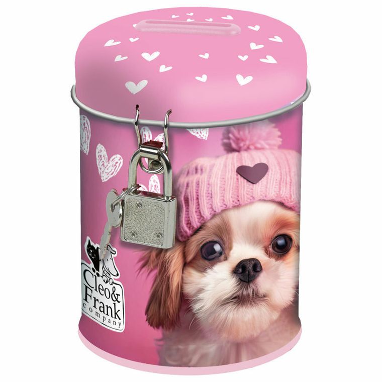 Cleo i Frank, skarbonka metalowa, zamykana, okrągła, Pies