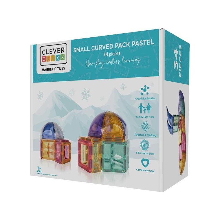 Cleverclixx, Small Curved Pack Pastel, klocki magnetyczne, 34 elementy