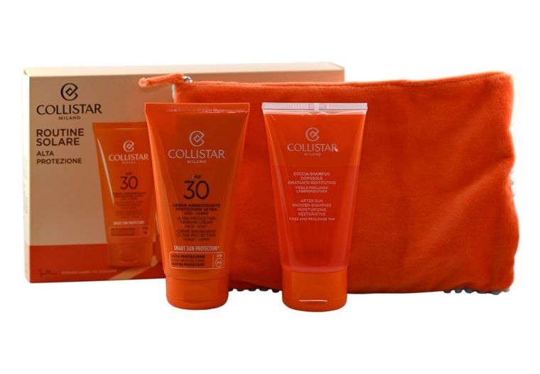 Collistar, zestaw: krem do opalania, SPF 30, 150 ml + żel pod prysznic 2w1, 150 ml + kosmetyczka